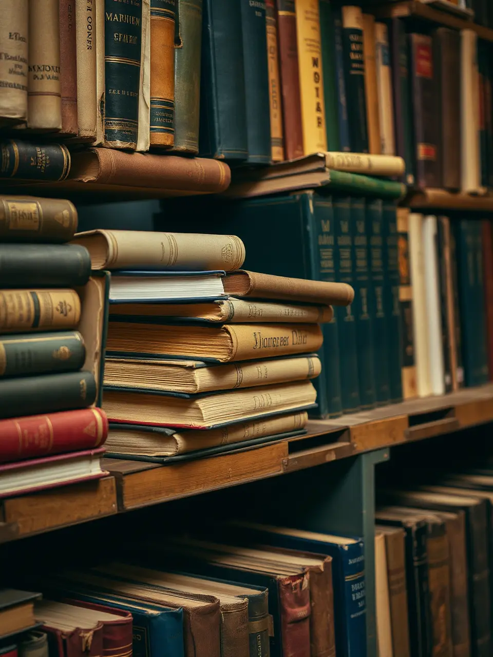 Vintage Bookstore Shelf with Worn-Out Classics Stacked High