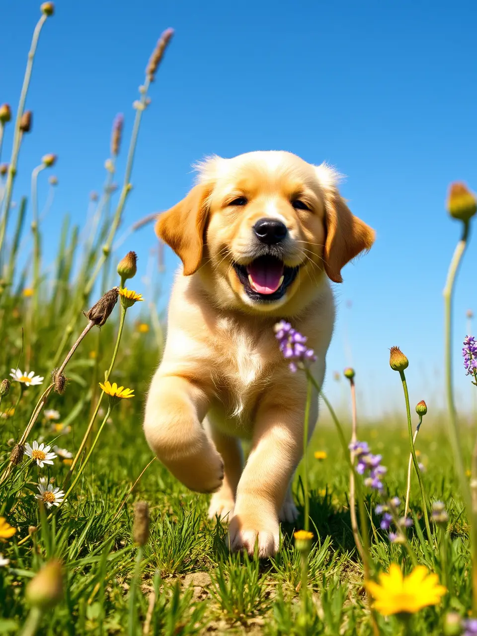 Golden Retriever Puppy Enjoys Sunny Meadow Adventure