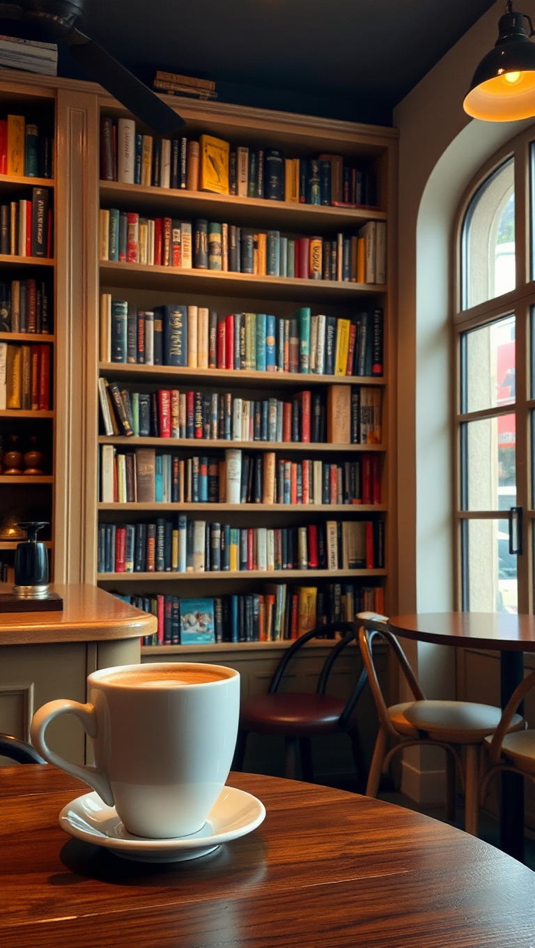 Cozy Coffee Shop with Built-In Bookshelf Background