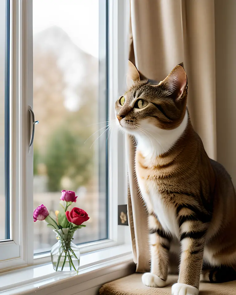 Cat Enjoys Warmth on Windowsill with Fresh Flowers