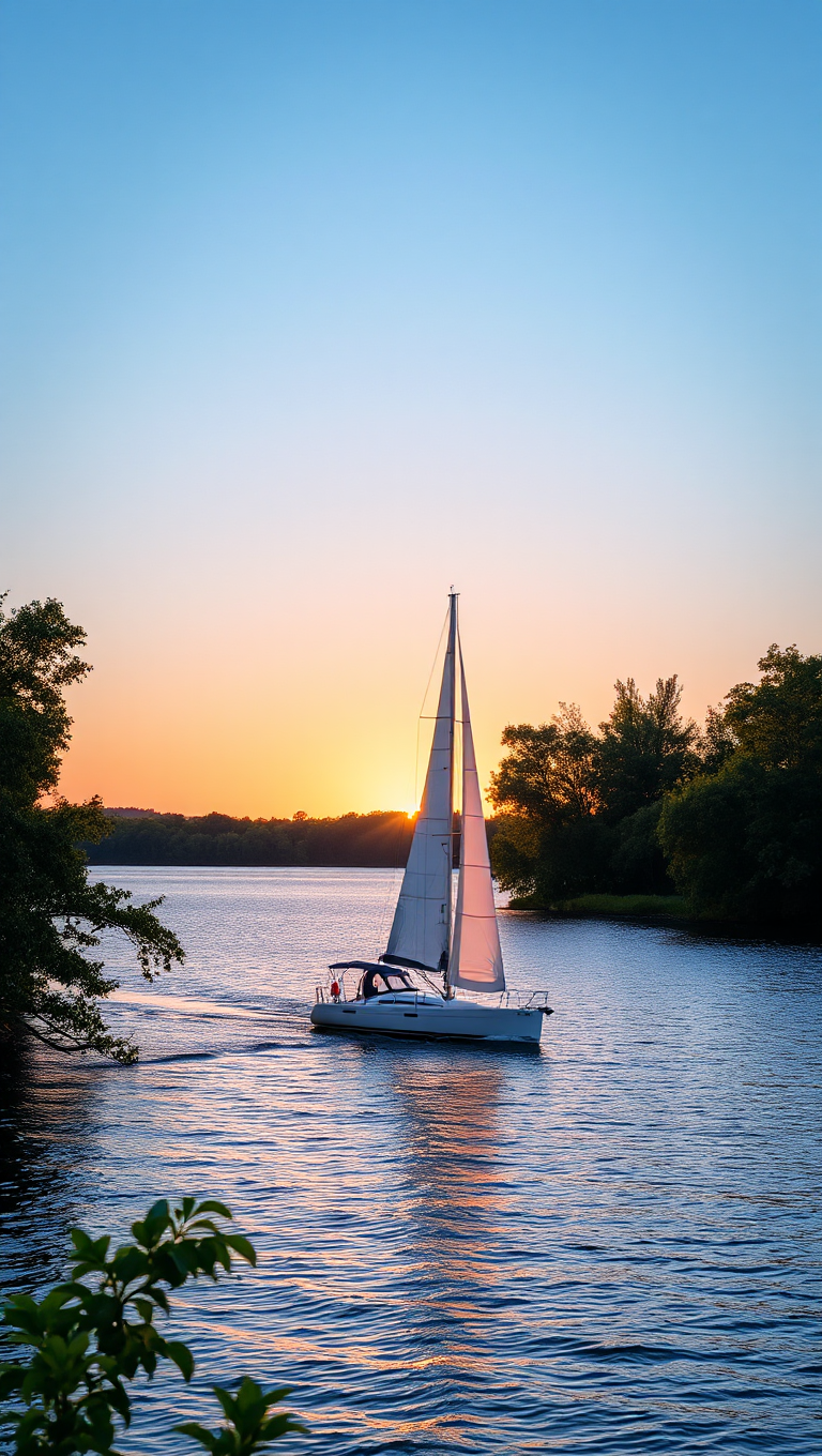 Serene Lake Sunset with Transparent Sailboat and Lush Trees