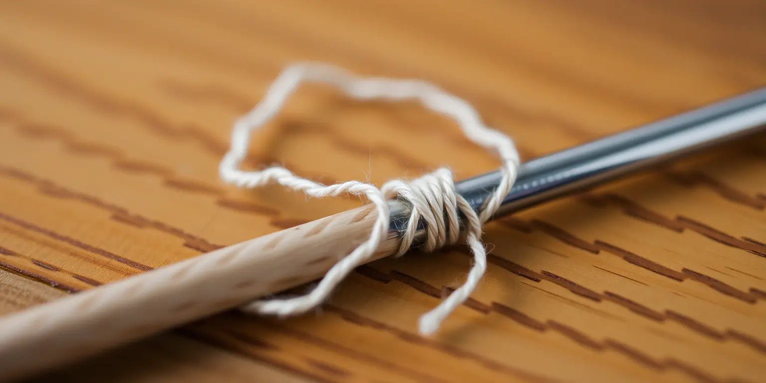 Sewing Needle Lying on Wooden Table with Thread