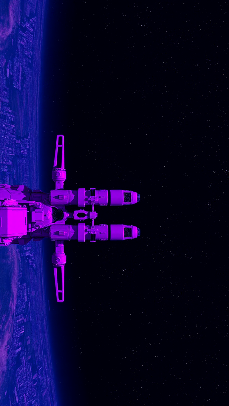 Purple AI Space Station with Modules and Cityscape