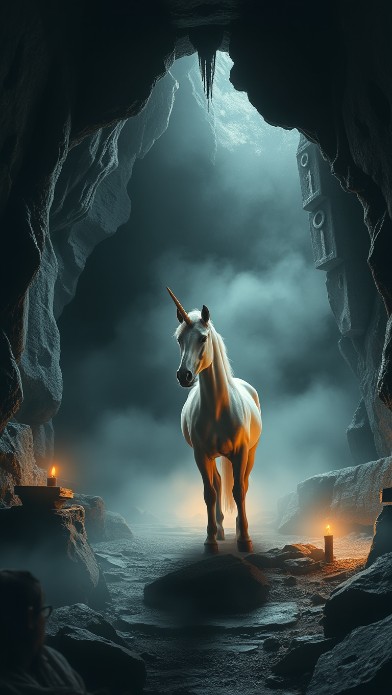 Unicorn in Mystical Cave with Ancient Symbols and Glow