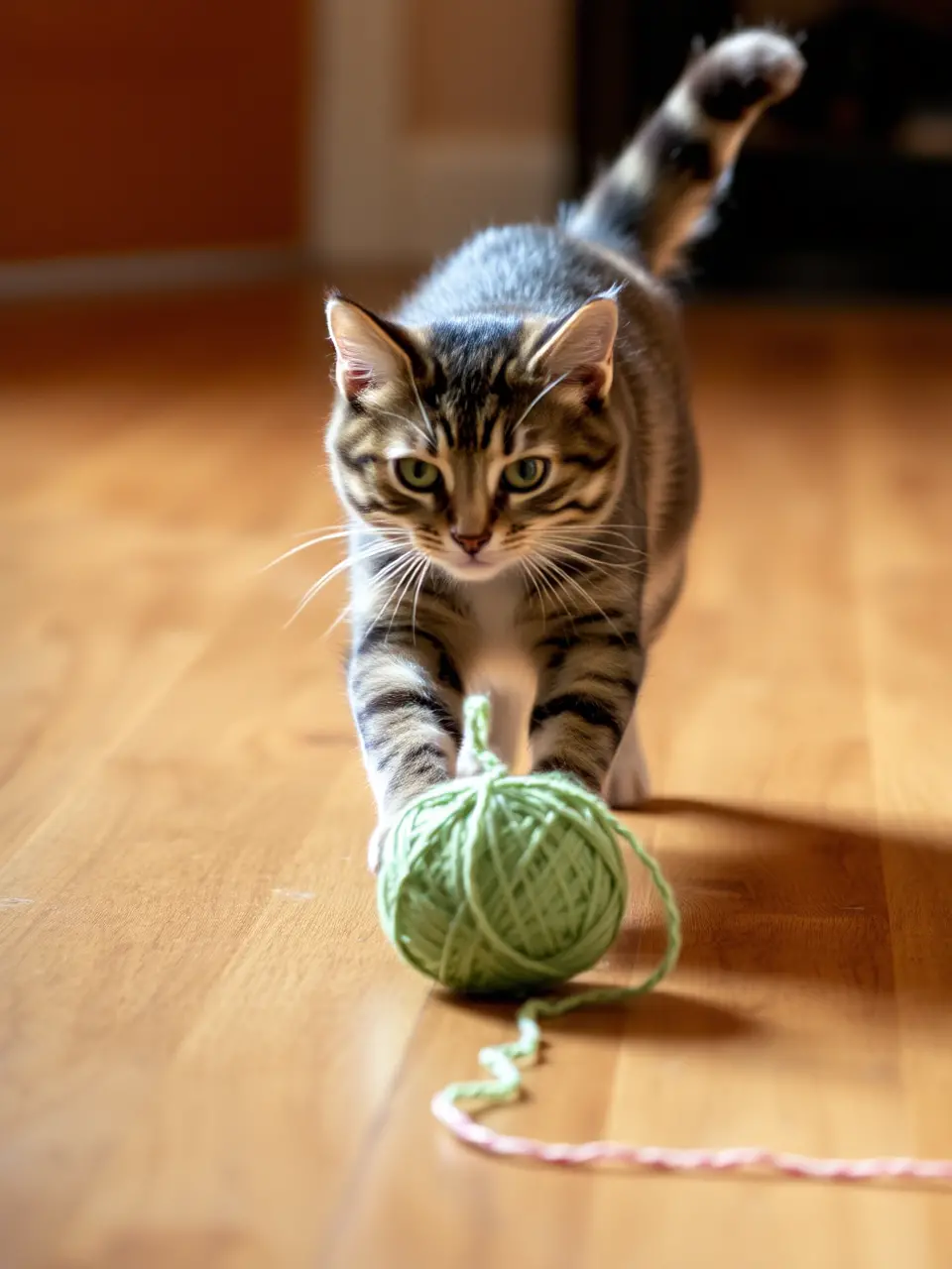 Playful Cat Chases Yarn across Hardwood Floor with Pattering Paws
