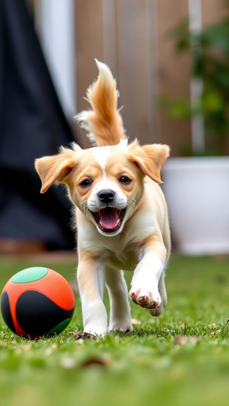 Rambunctious Puppy Chases Ball in Backyard