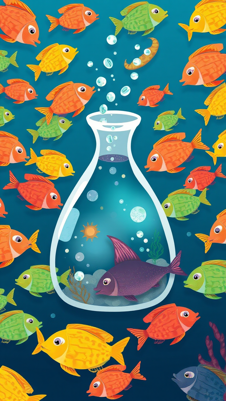 Flask Surrounded by Colorful Fish in Deep Blue Sea