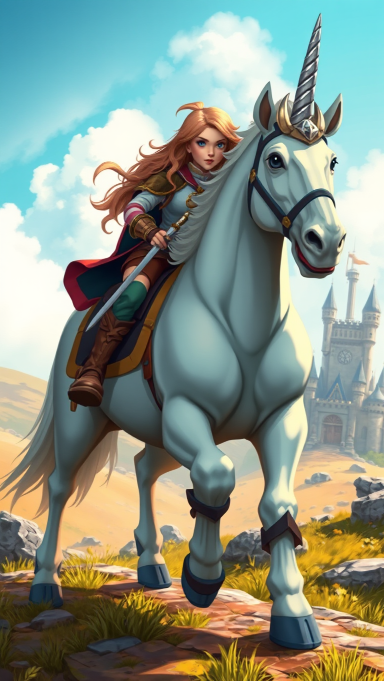 Brave Girl Rides Strong Unicorn in Medieval Landscape