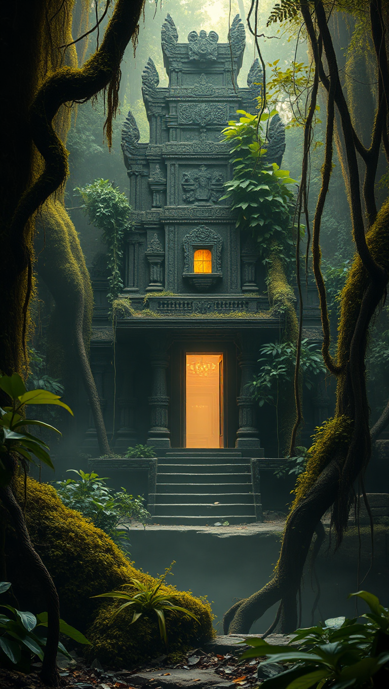 Ancient Temple with Vines and Soft Golden Light