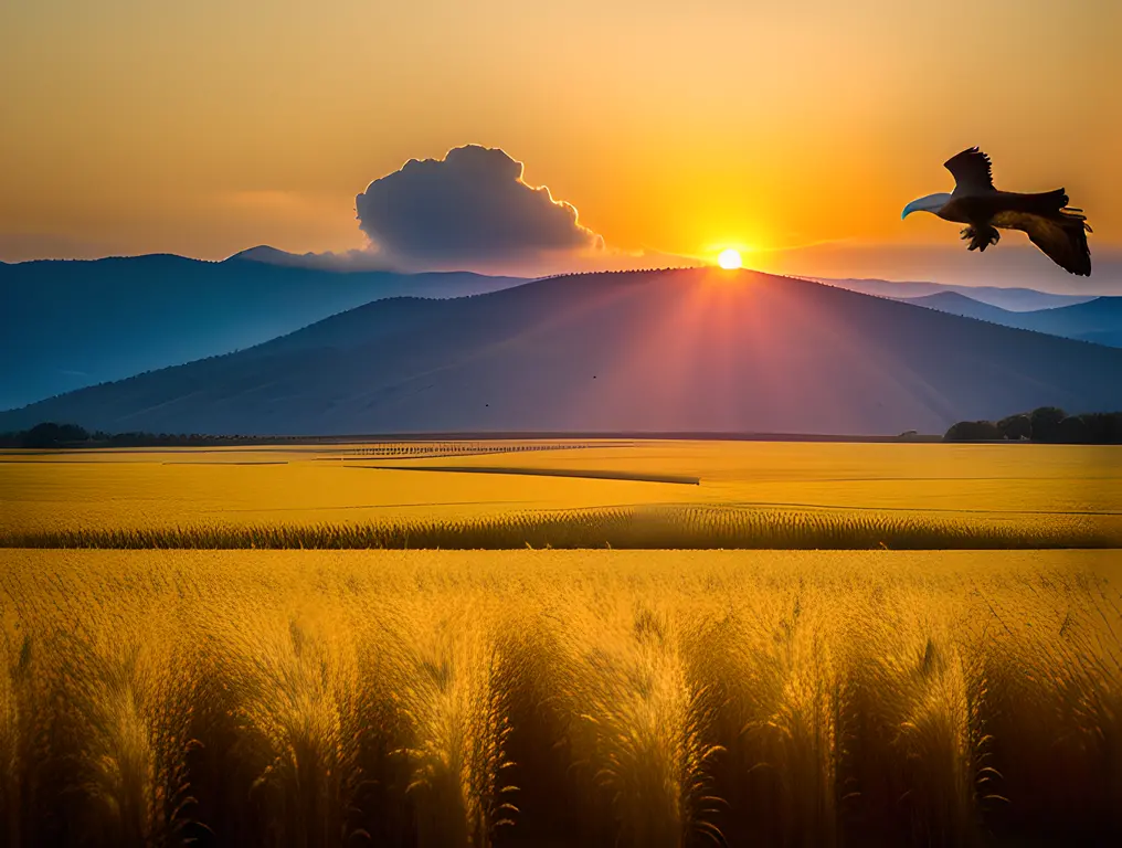 Eagle soars above wheat field with "abcdefg" etched in clouds.