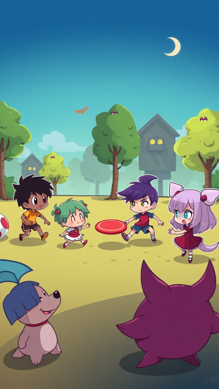 Cartoon Characters Play Frisbee in Fantastical Park