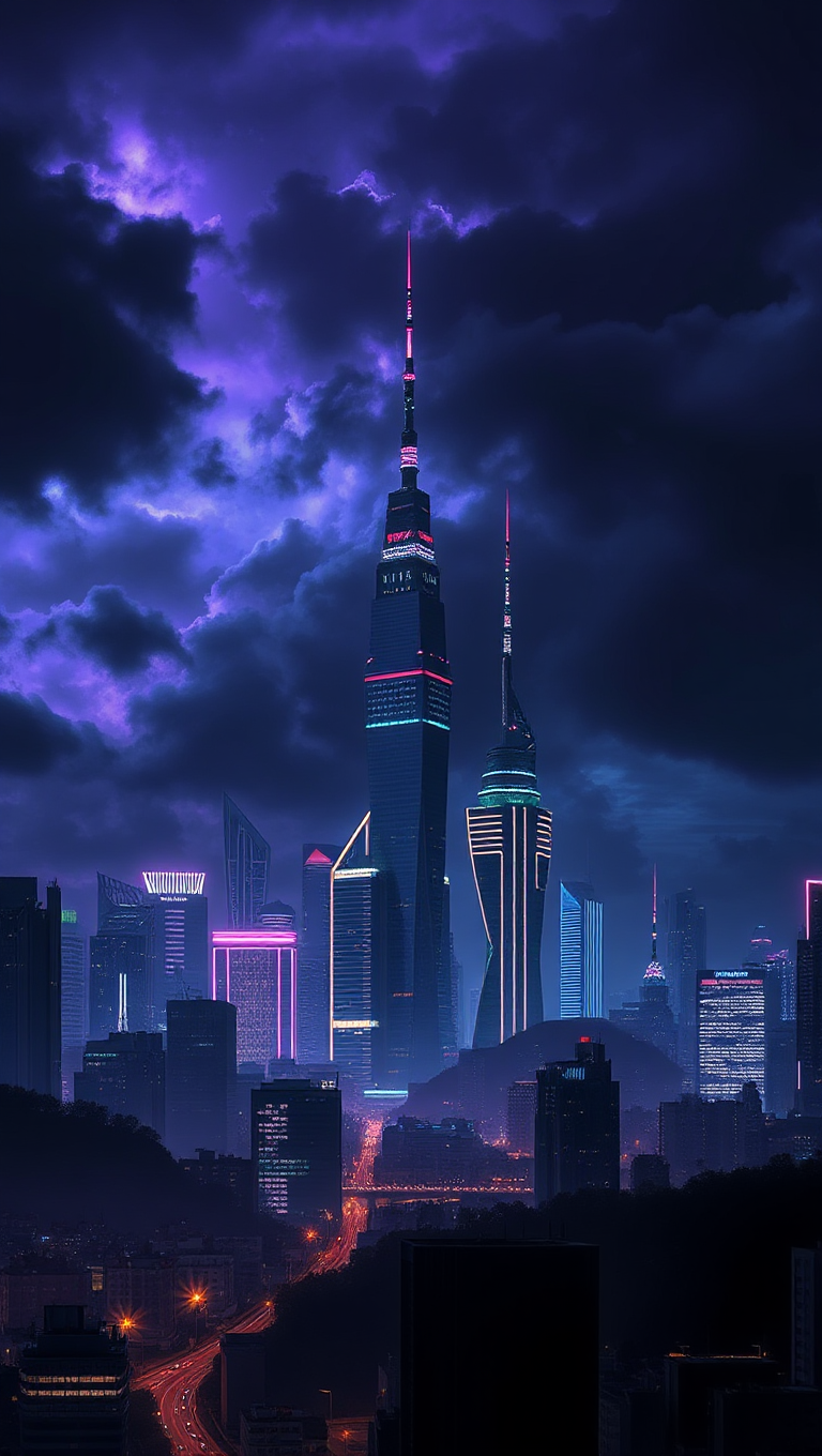 Futuristic Cityscape with Neon Lights and Stormy Sky