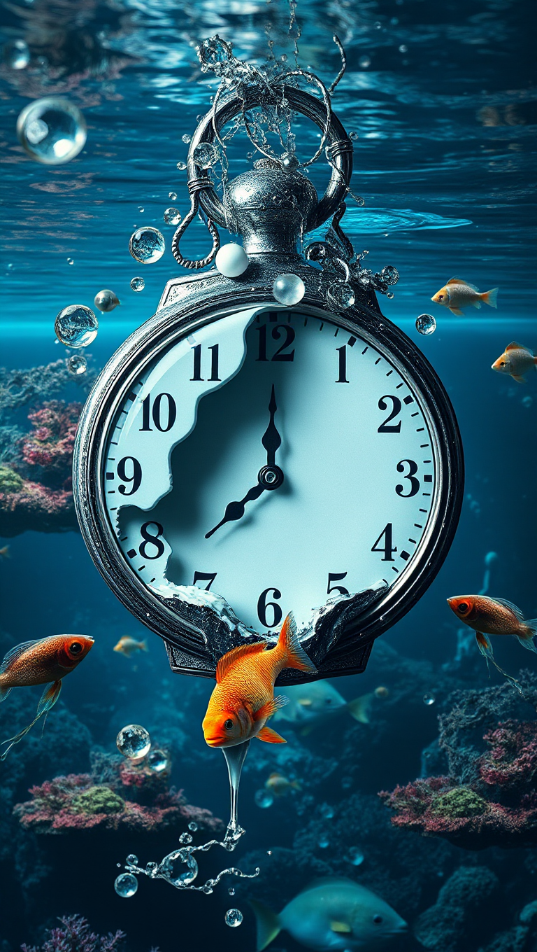 Surreal Aquarium Background with Melting Clock and Dreamlike Fish