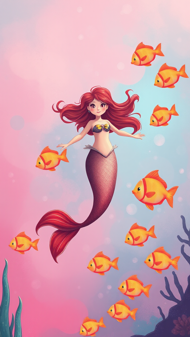 Mermaid Swims in Miraculous Pink Water with Rainbow Fish