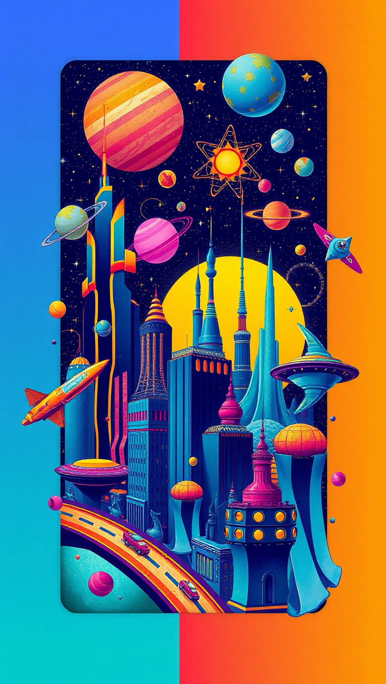 Futuristic Space City with Celestial Border Background