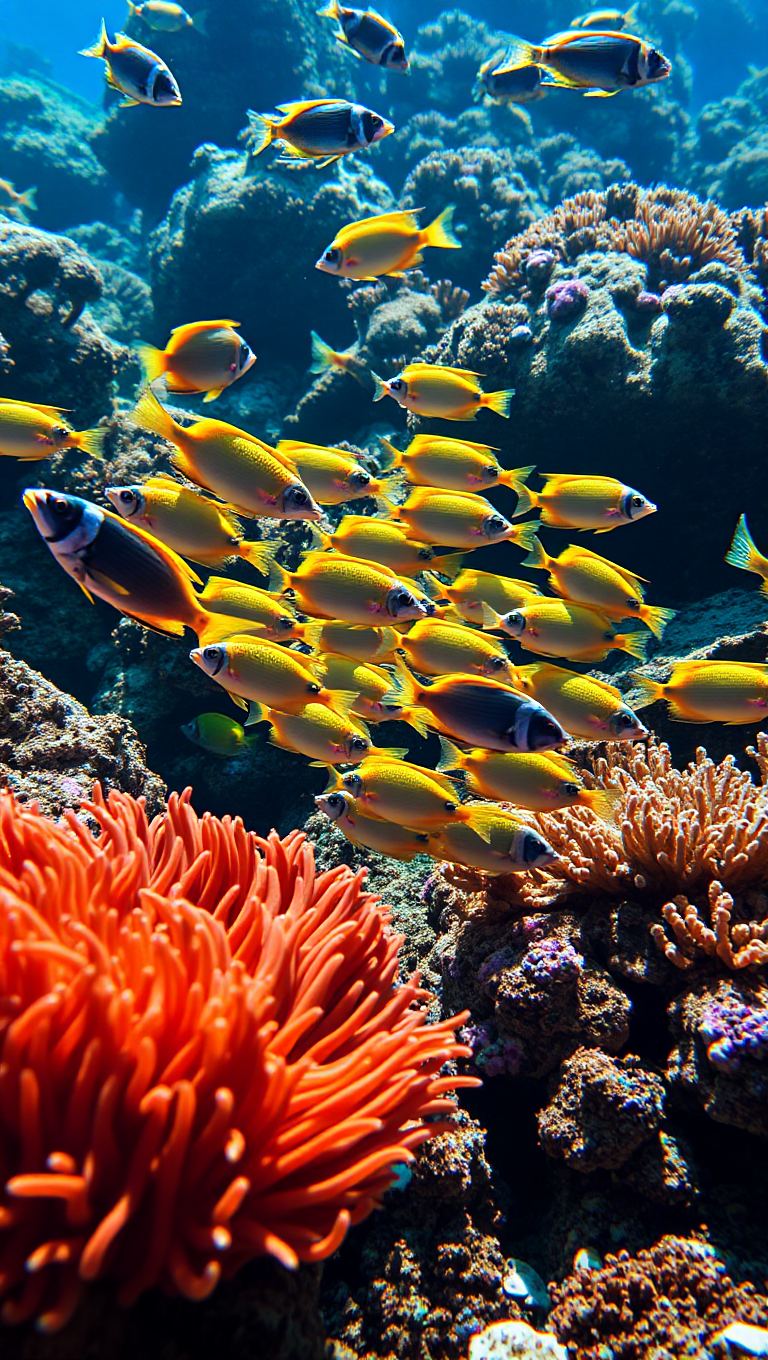 Colorful Fish Dart Through Coral Reef in Sunlight