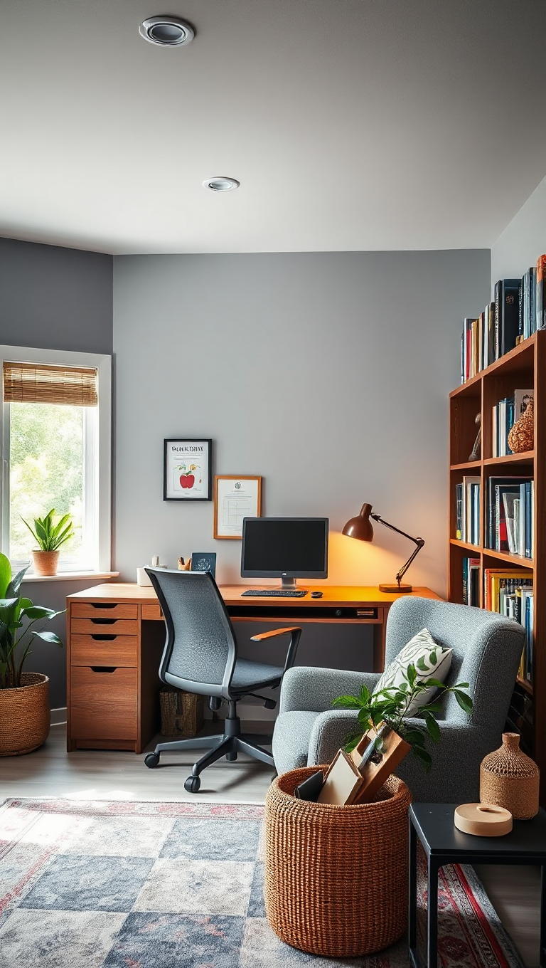 Cozy Home Office with Cool Grey Educational Background and Bookshelf