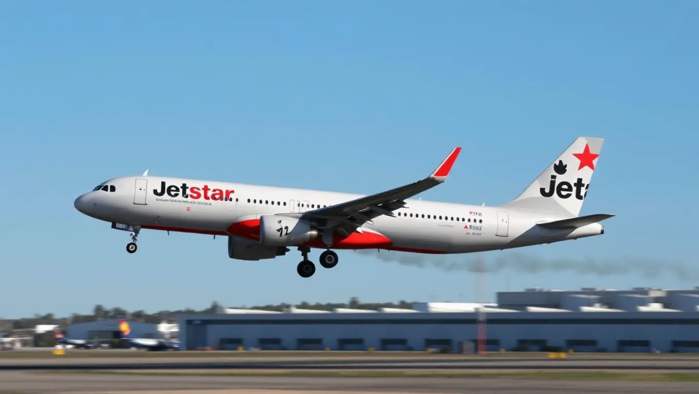 Jetstar's Airbus A320 Takes Off from Bustling Airport Runway