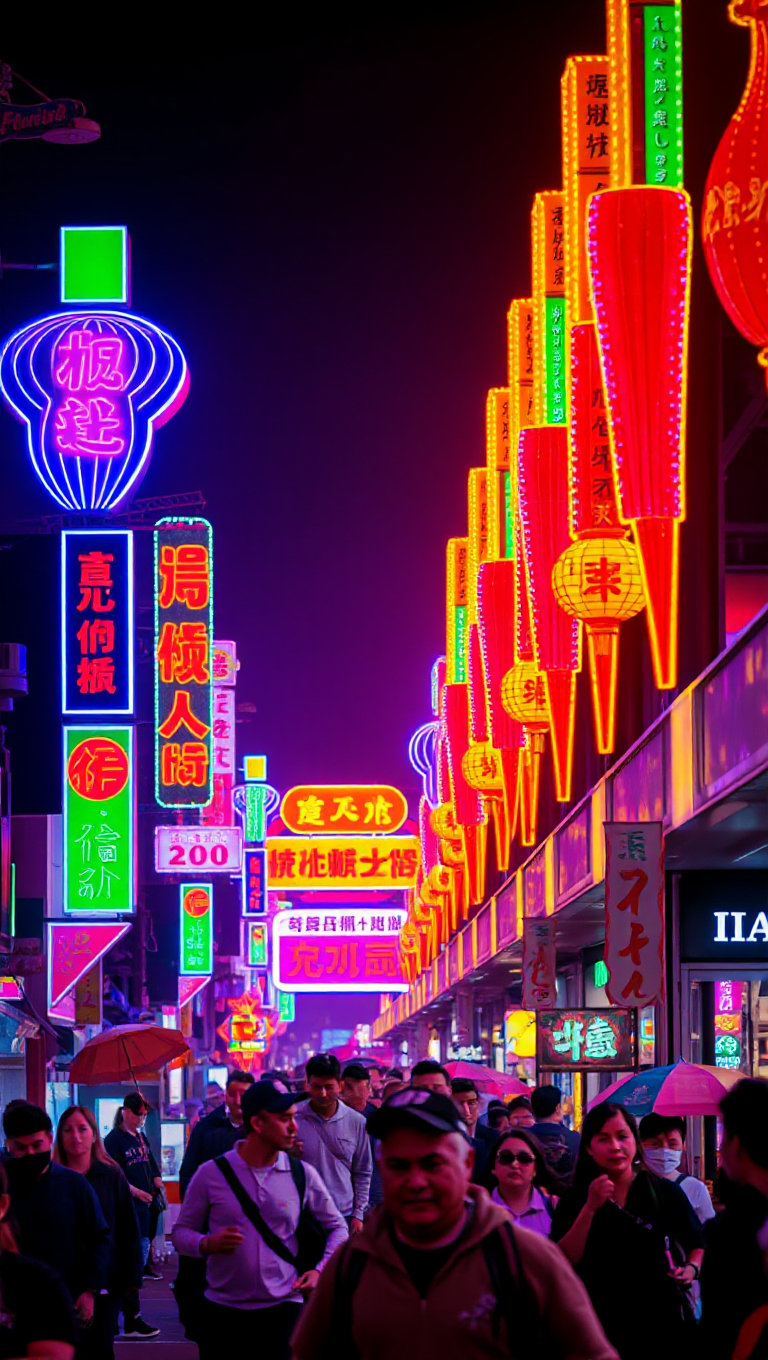 Vibrant Neon Lights Overlay Bustling Street Festival Background