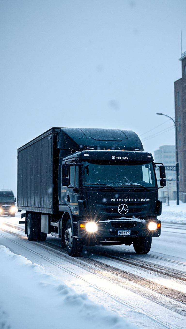 Delivery Truck Driving Through Snowstorm at Night