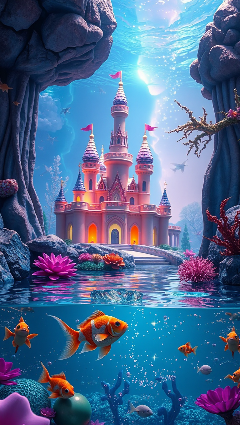 Magical Aquarium Background with Fairy Tale Castle and Sparkly Pool