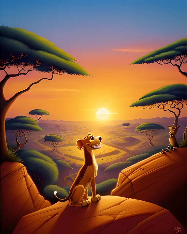 Timon Standing on Rock, Gazing at African Savannah Sunset