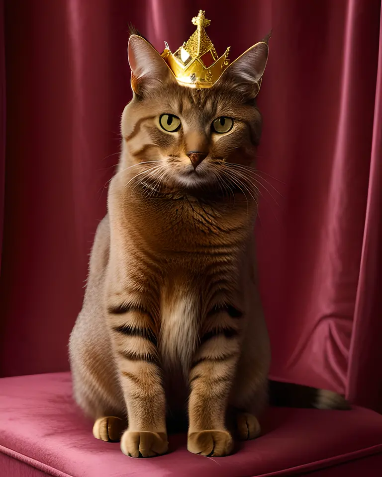 Majestic Cat Sits on Velvet Throne with Golden Crowns