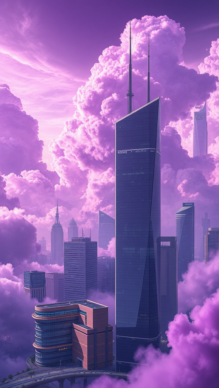 Swirling Purple Clouds Overlay Futuristic Cityscape Background