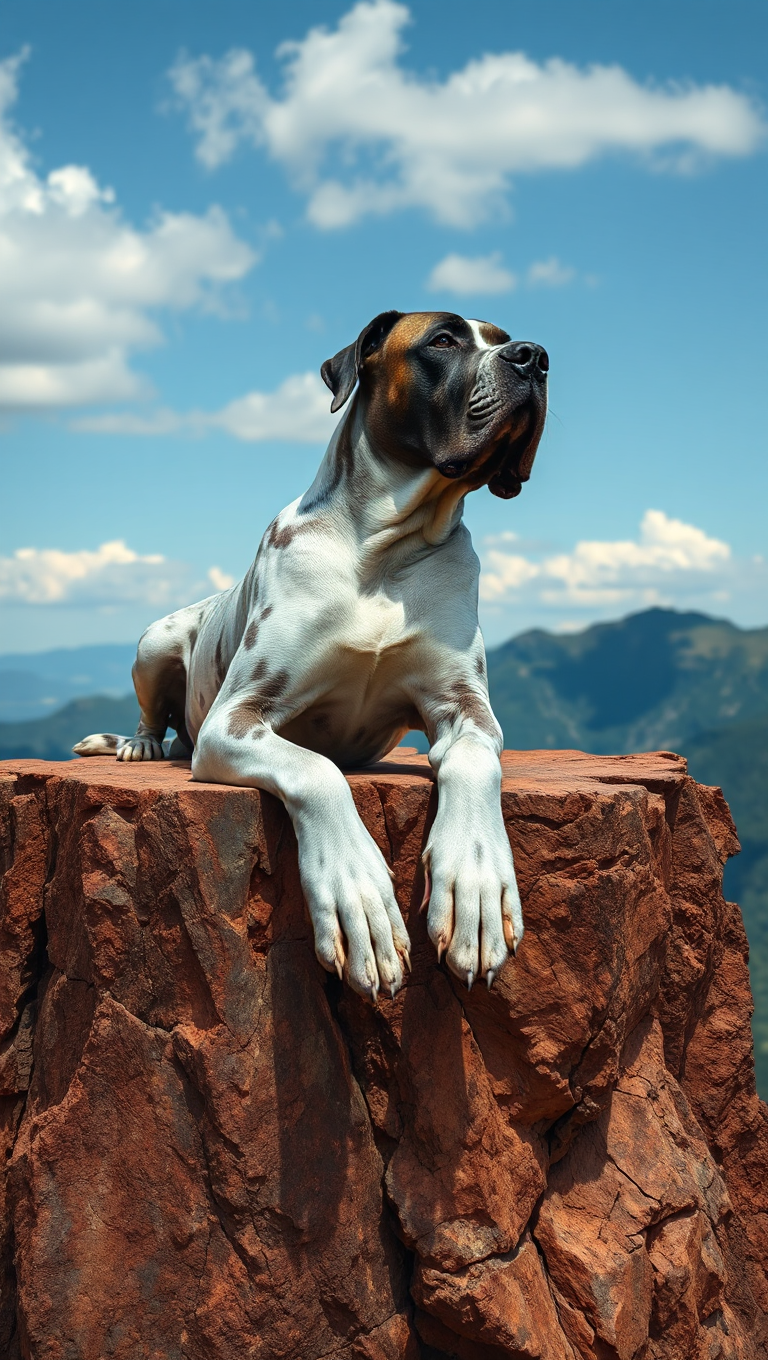 Majestic Great Dane Lies on Rocky Cliff Edge