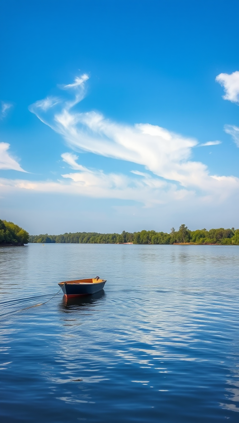 Tranquil Lake Scene with Small Boat and Greenery