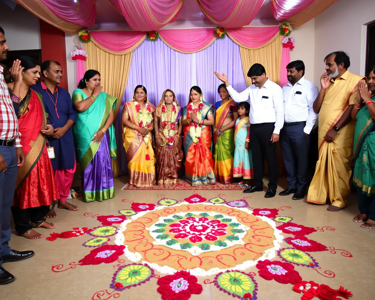 Traditional Indian Wedding Scene Features Rangoli and Namaste Greetings