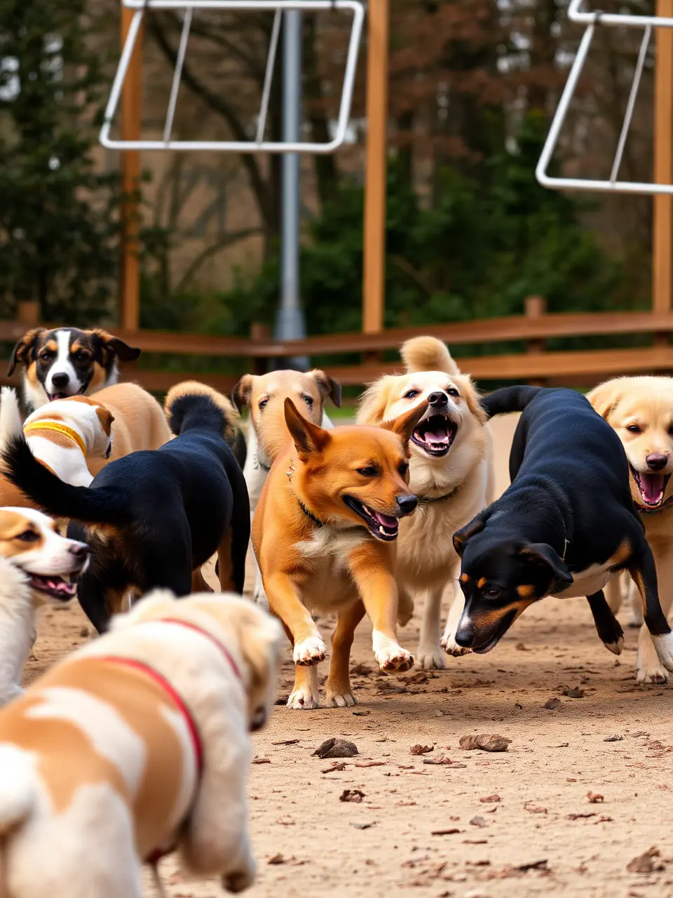 Diverse Dogs Play Together in Dog Park Fun