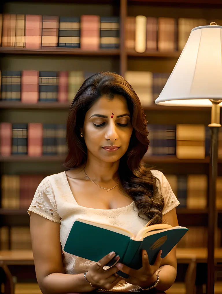 Bhabhi Reading Book in Peaceful Library Setting