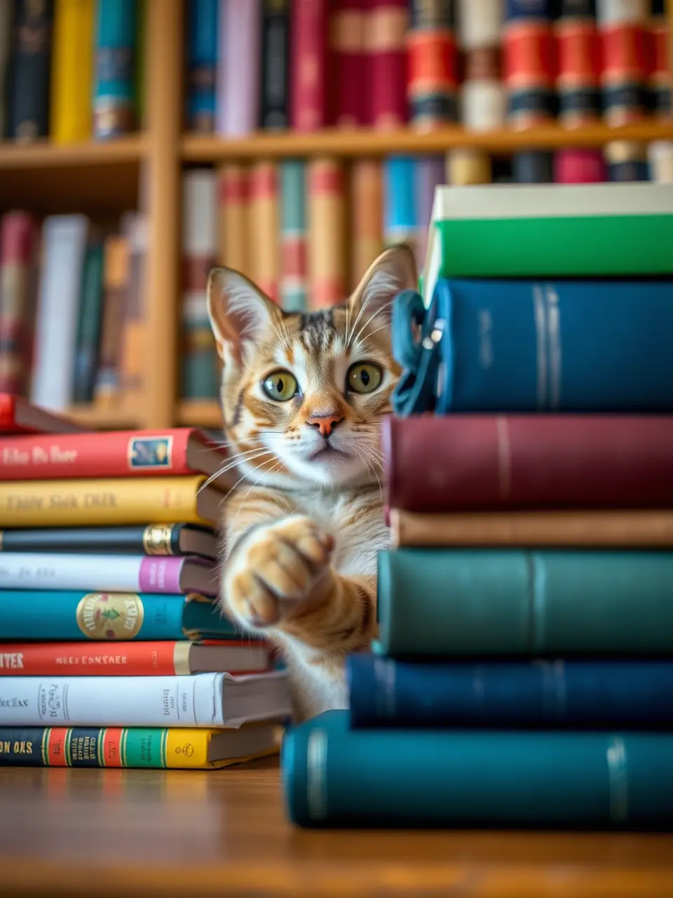 Curious Cat Peeks from Behind Book Stack with Paw Out