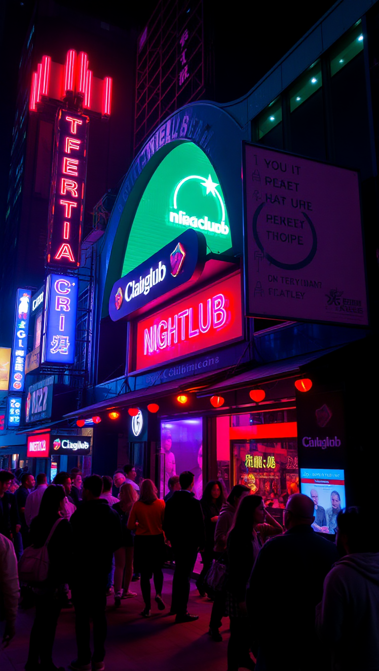 Neon-Lit Cityscape with Nightclub and Crowded Entrance