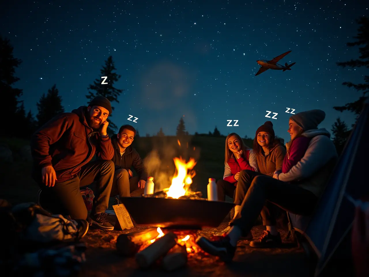 Friends Camping Under Starry Sky with Lazy Zzz's