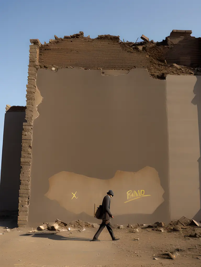 Desolate Wasteland with "xxxx" on Crumbling Wall Image