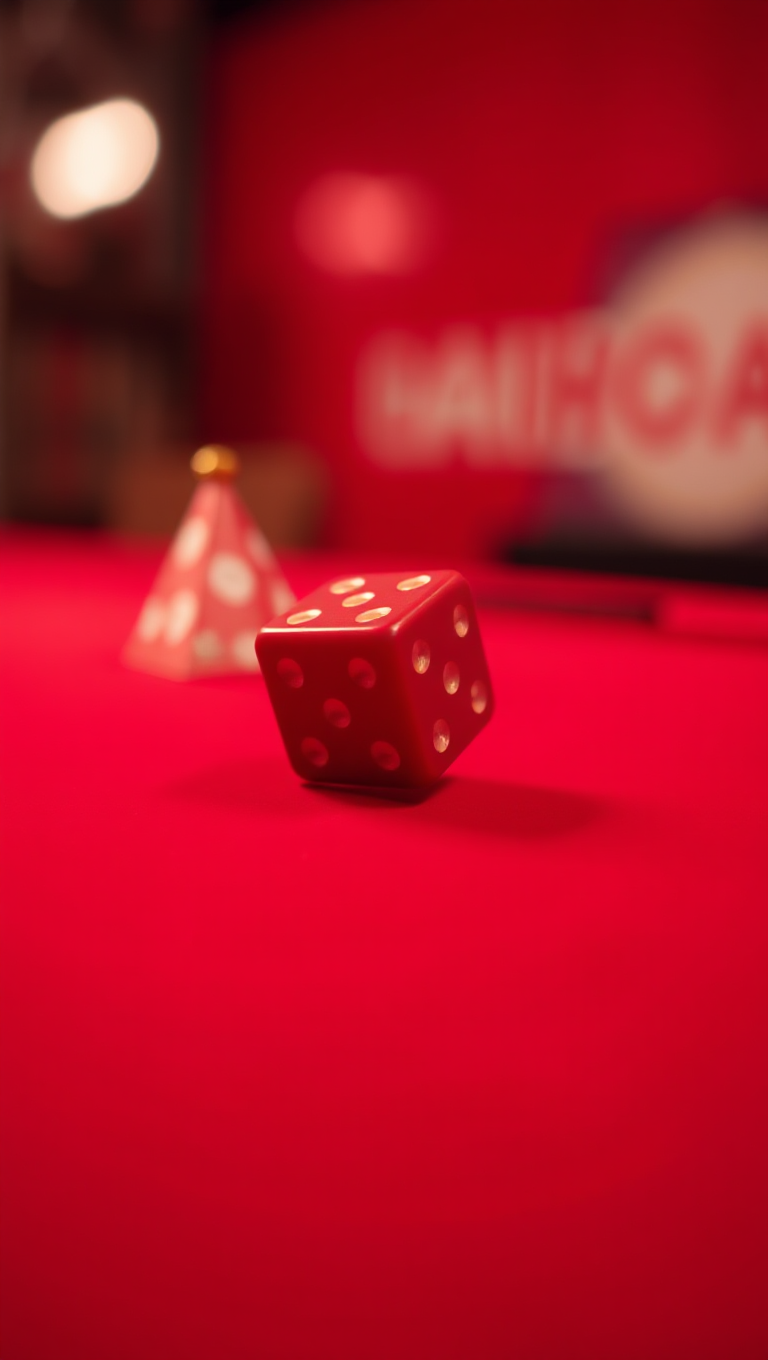 Red Die Rolling on Red Table Blurred Focus