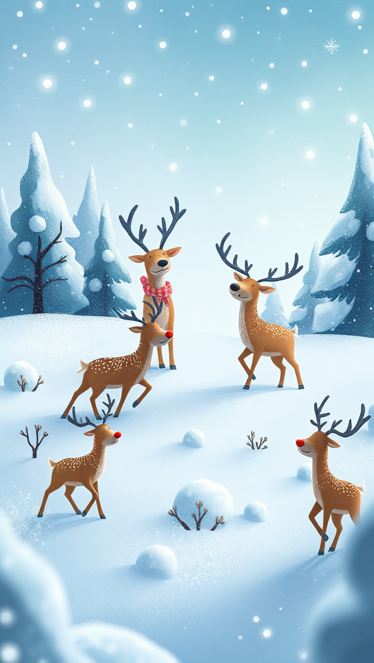 Whimsical Winter Wonderland with Playful Reindeer and Snowflakes