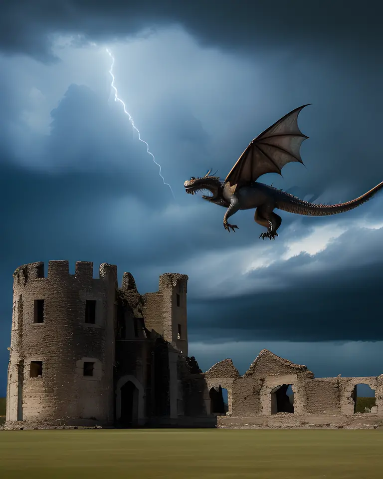 Dragon Approaches Castle in Stormy Epic Battle