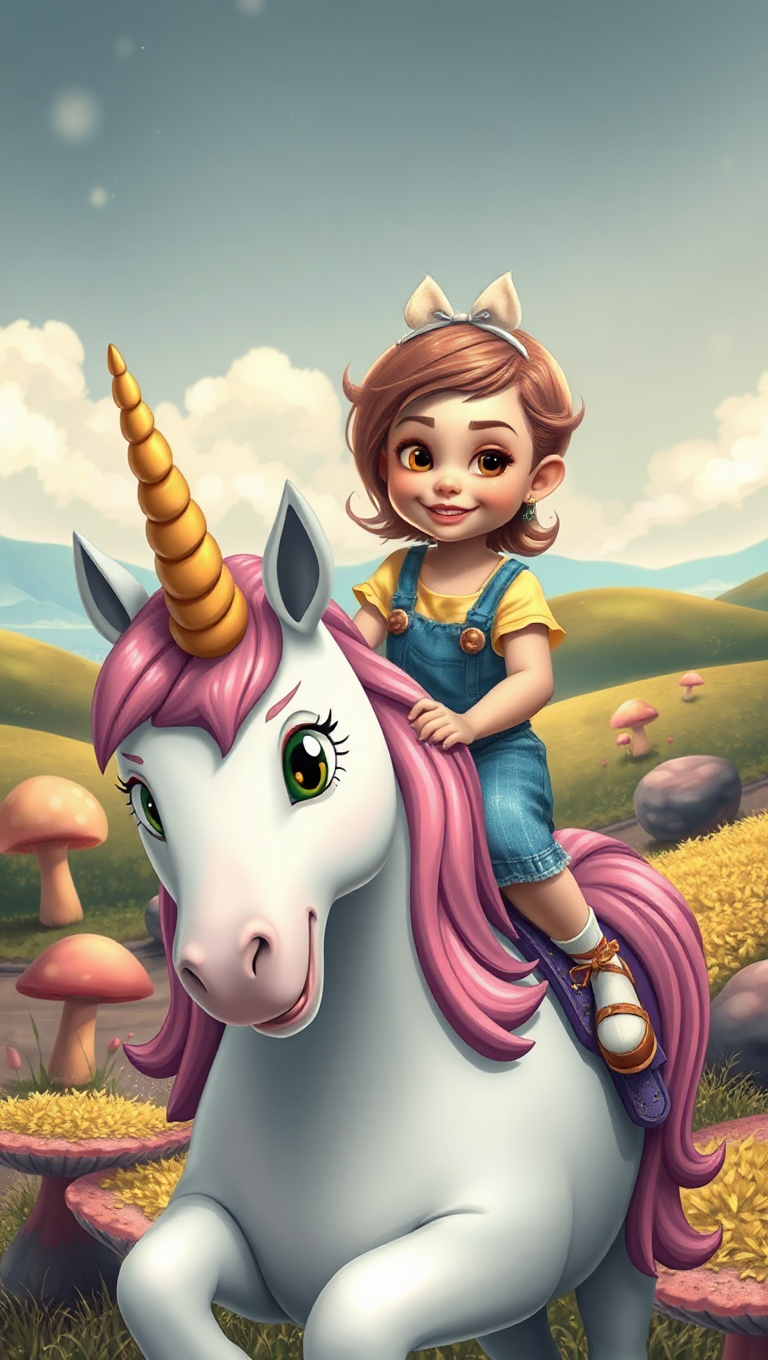 Curious Girl Sits on Playful Unicorn in Dreamlike Scene