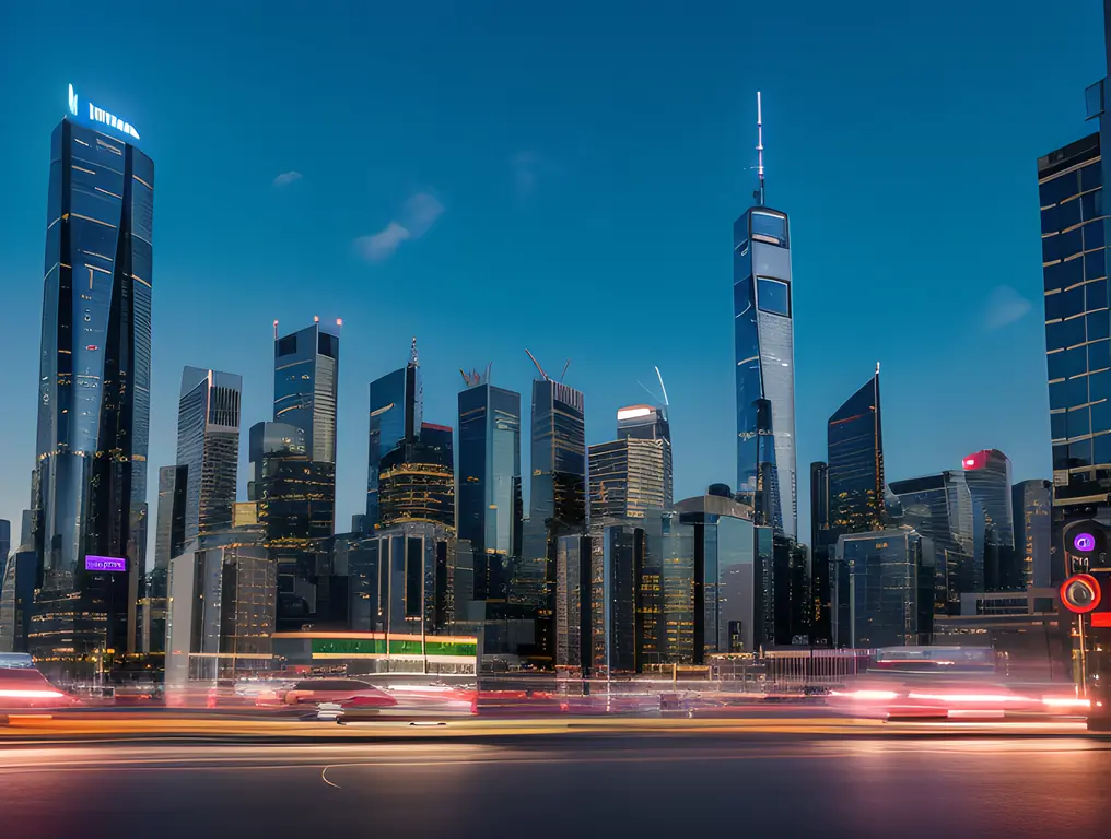City skyscrapers display "abcdefg" in neon lights.
