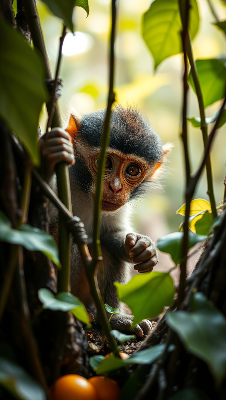 Curious Monkey Peers Out from Rainforest Canopy