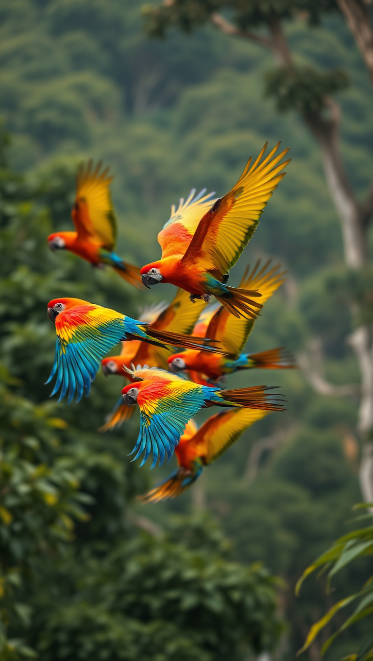 Macaws Take Flight in Rainforest Canopy