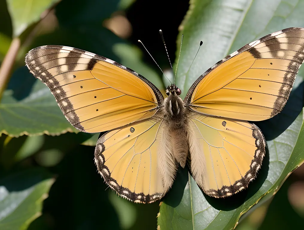 Butterfly perches on flower with "abcdefg" on leaf.
