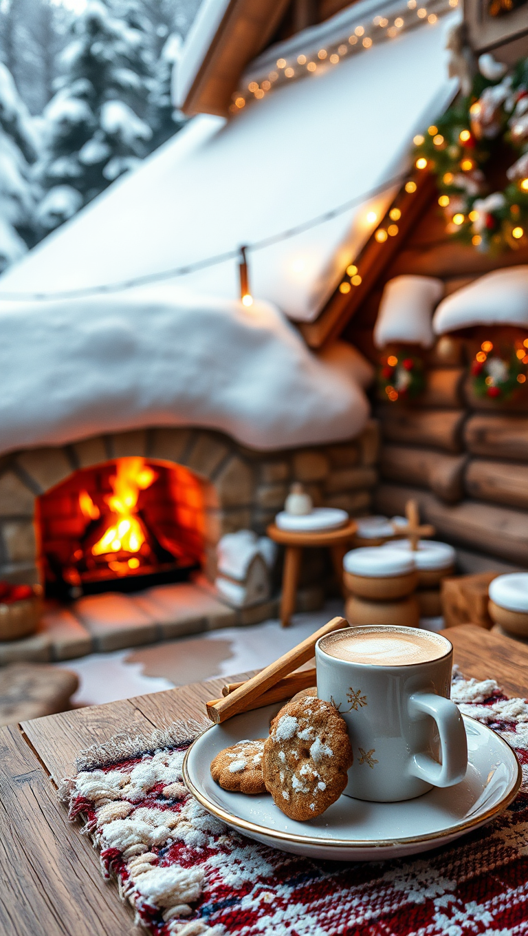 Cozy Cabin Scene with Warm Fire and Hot Cocoa