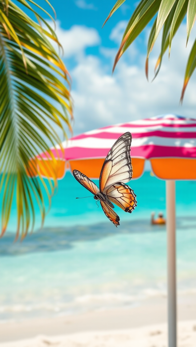 Vibrant Beach Scene with Butterfly and Bright Colors