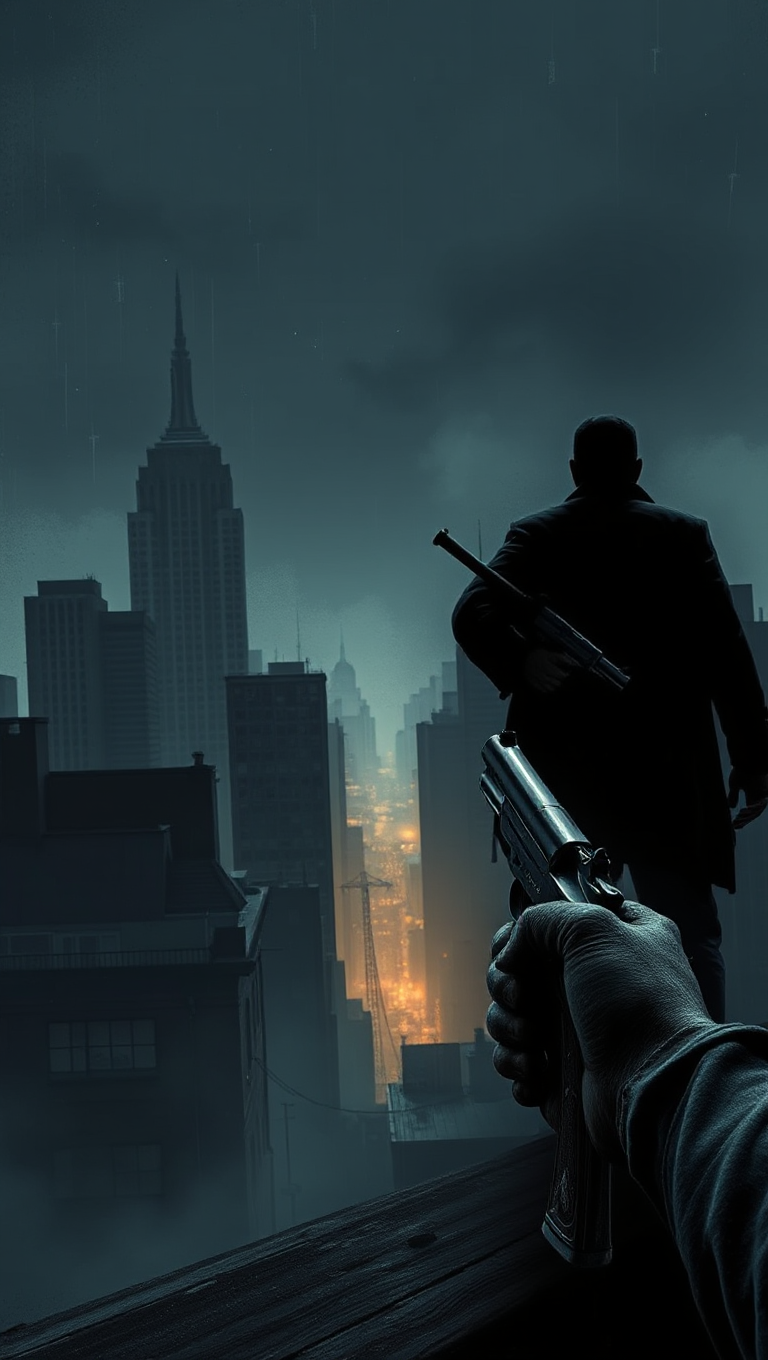 Cityscape with Lone Figure and Buckshot Revolver