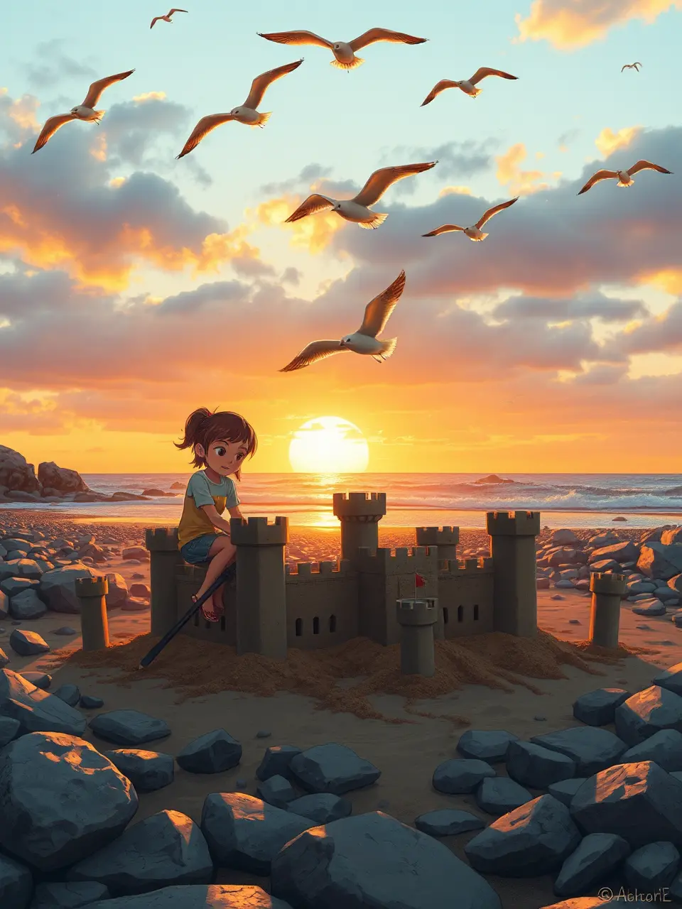 Gril's Beachside Sandcastle Adventure with Seagulls