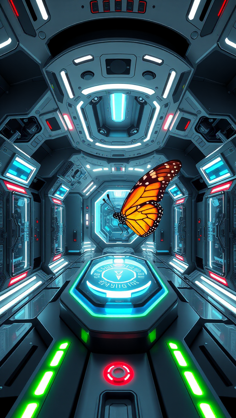 Futuristic Laboratory with Butterfly on Glowing Console